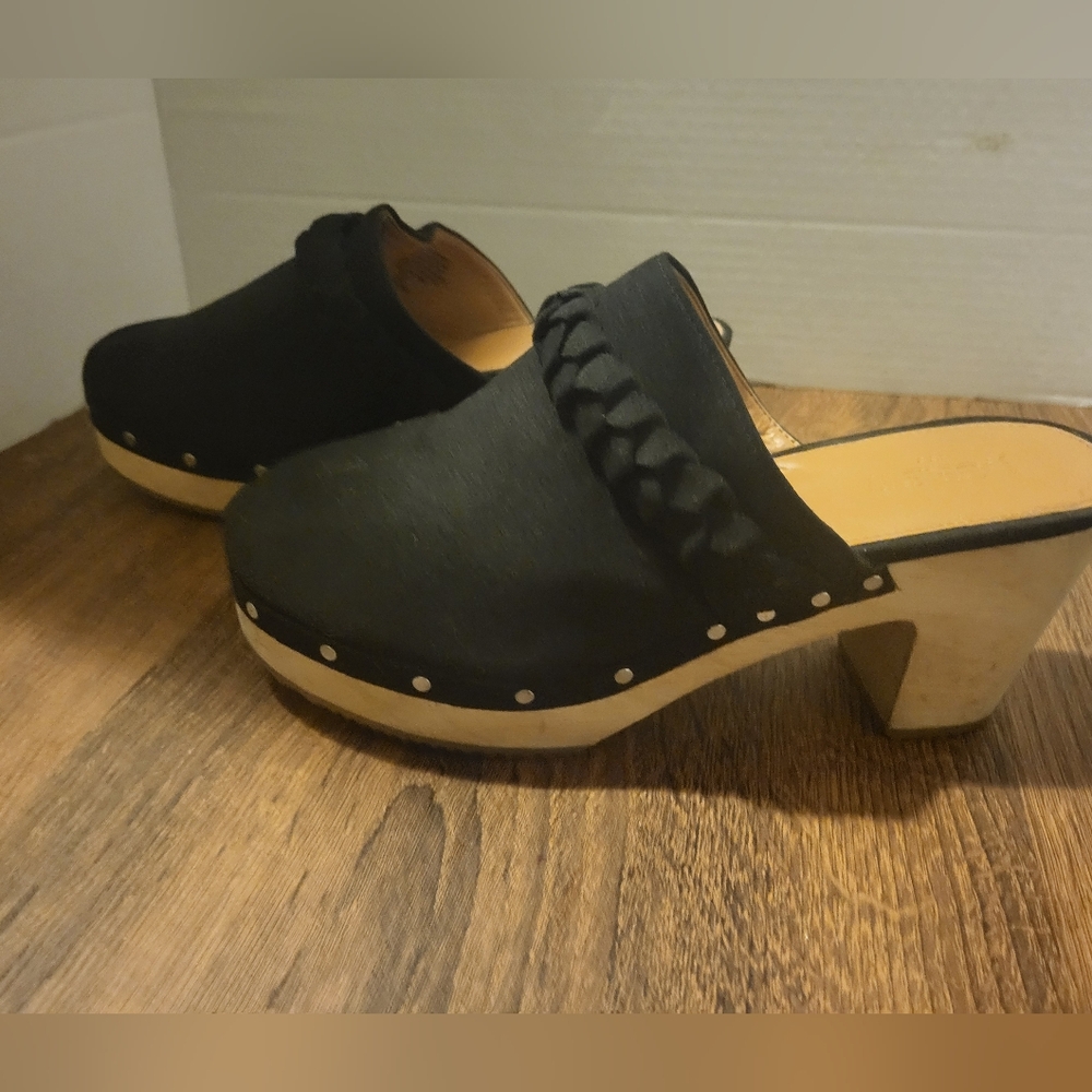 J. Crew Black Mules with Wooden Heel